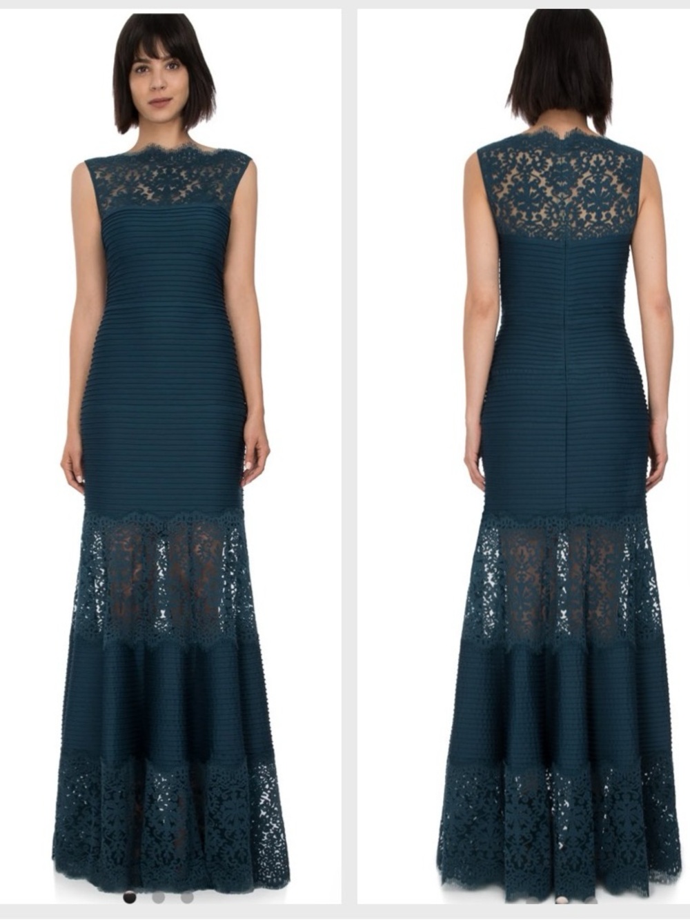 NWT Tadashi Shoji Starry Night Teal Lace Pintuck Maxi Gown Dress Petite
